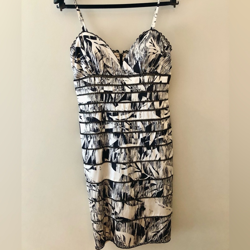 Nina Austin Designer 100% Silk Black and White Striped Floral Mini Dress